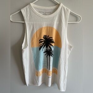 Spiritual Gangster White Tank Top with Orange and Blue Sunset Design